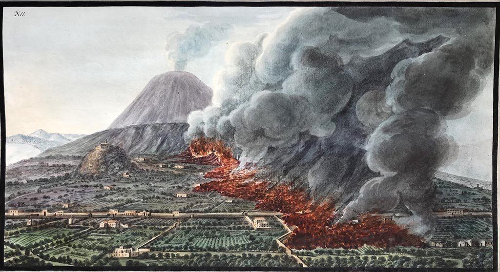 Vesuvius Eruption 1760 1761. Mount Vesuvius: a volcanic eruption at the foot of the mountain, 1760-1761, causing the destruction of the land and property.
Coloured etching by Pietro Fabris, 1776, after his drawing, 1760-1761. 
See Hamilton Sir W., 1776. Campi Phlegraei. Naples: vol. 1, plate XII.
See original on https://wellcomecollection.org/
