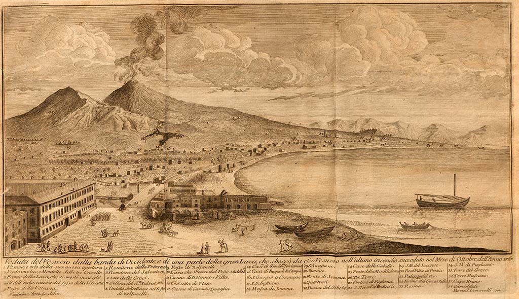 Vesuvius eruption October 1767. View from the west showing a part of the great lava that came from the last fire of the eruption.
“Veduta del Vesuvio dalla banda di Occidente e di una parte della gran Lava che sbocco da esso Vesuvio nell’ultimo incendio succeduto nel Mese di Ottobre dell’Anno 1767”.
See De Bottis, G. 1768. Ragionamento istorico dell'incendio del Vesuvio: accaduto nel mese di ottobre del MDCCLXVII, Tav. I.

