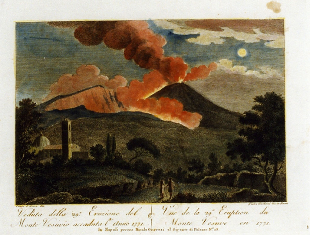 Vesuvius Eruption May 9th, 1771, with lava flowing towards Resina. 
The original mono print was drawn by Olivio d’Anna and engraved by Pietro Garboni in Rome.
ICCD attribute the colour copy to Pietro Parbeni.
Now in Museo Nazionale di S.Martino. Inventory number 319955.
Photo © ICCD. http://www.catalogo.beniculturali.it
Utilizzabili alle condizioni della licenza Attribuzione - Non commerciale - Condividi allo stesso modo 2.5 Italia (CC BY-NC-SA 2.5 IT)
