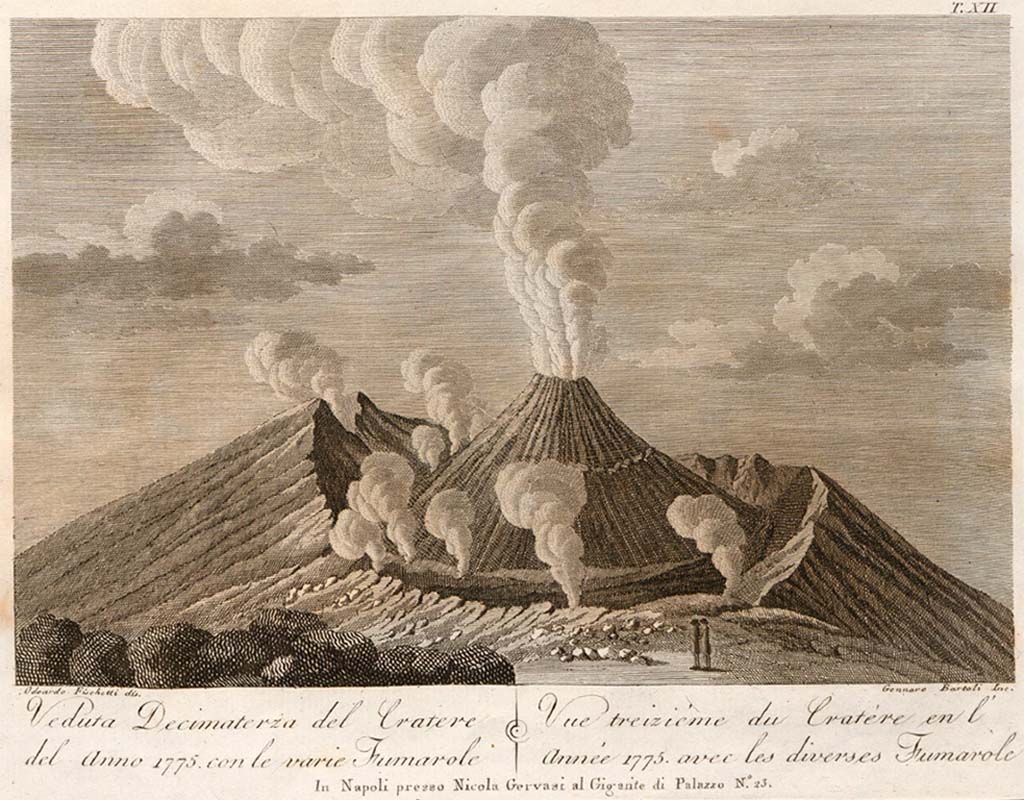 Vesuvius eruption 1776. The valley Atrio di Cavallo between Vesuvius and Somma, showing smoke emerging from Vesuvius before eruption. 
Coloured etching by Pietro Fabris, 1776. Credit: Wellcome Collection. CC Attribution 4.0 International (CC BY 4.0)

