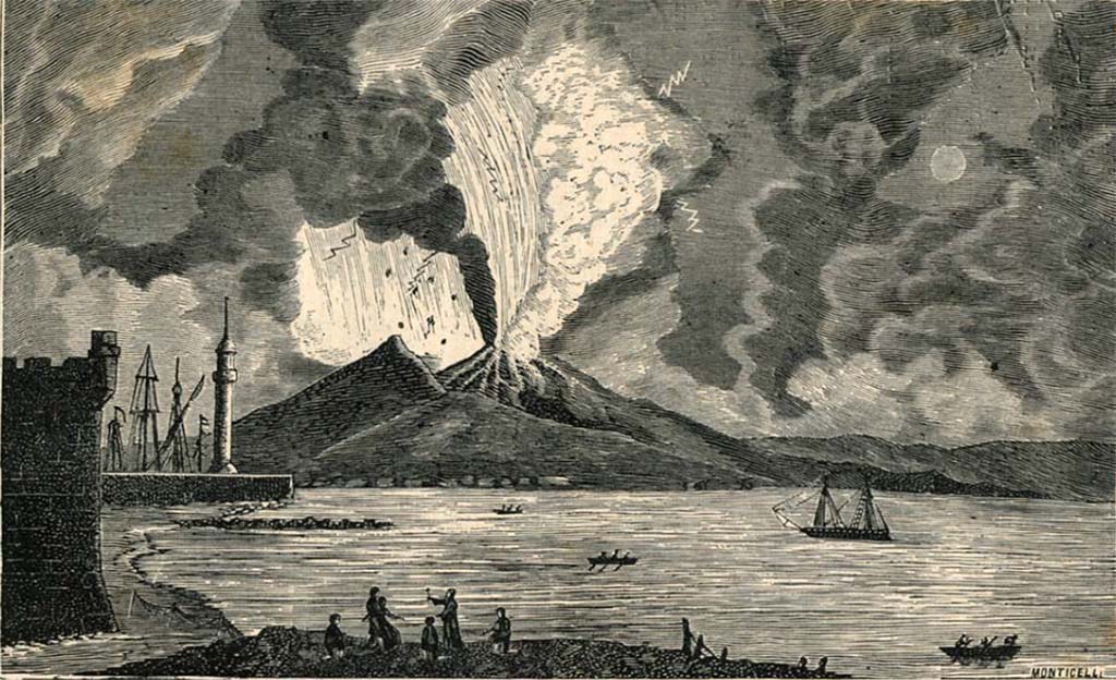 Vesuvius Eruption August 8th, 1779 from Posilipo. Drawn by P Fabris and engraved by F. Giomignani.
See de Bottis, Gaetano, 1779. Ragionamento istorico intorno all'eruzione del Vesuvio che cominciò il dì 29 luglio dell'anno 1779 e continuò fino al giorno 15 del seguente mese di agosto. Napoli: Stamperia Reale, Tav II. 
See book on E-RARA
