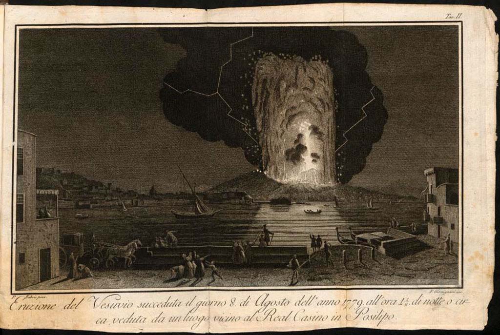 Vesuvius Eruption August 8th, 1779 from Santa Lucia al Mare. Drawn by Alessandro d’Anna engraved by Carmine Pignatari R. 
See de Bottis, Gaetano, 1779. Ragionamento istorico intorno all'eruzione del Vesuvio che cominciò il dì 29 luglio dell'anno 1779 e continuò fino al giorno 15 del seguente mese di agosto. Napoli: Stamperia Reale, Tav I. 
See book on E-RARA
