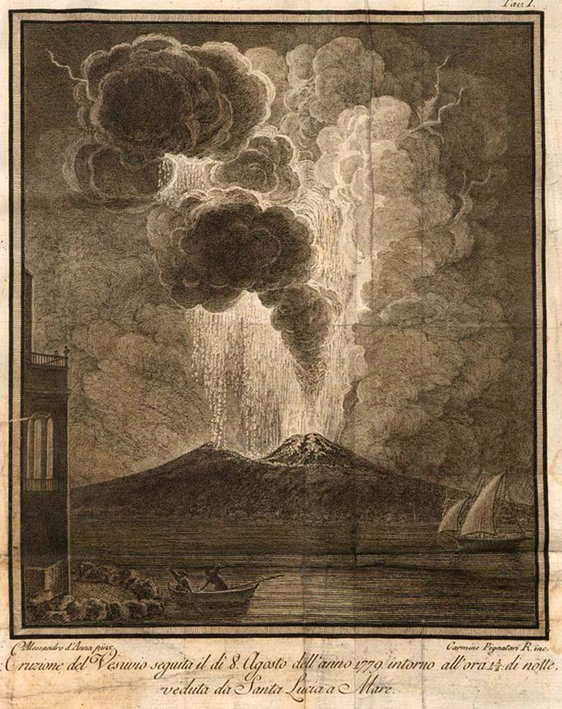 Vesuvius Eruption August 8th, 1779 from the summit of Somma to the banda di Tramontana. Drawn by Xavier (Saverio) della Gatta, engraved by Nicola Fiorillo.
See de Bottis, Gaetano, 1779. Ragionamento istorico intorno all'eruzione del Vesuvio che cominciò il dì 29 luglio dell'anno 1779 e continuò fino al giorno 15 del seguente mese di agosto. Napoli: Stamperia Reale, Tav IV. 
See book on E-RARA
