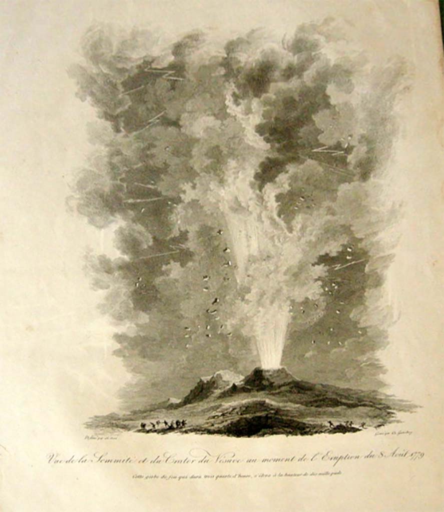 Vesuvius eruption 9th August 1779. Drawn by Francesco Catozzo and engraved by Gennaro Bartolo 1804.
See Della Torre, Nicola Filomarino, 1805. Raccolta di tutte le vedute che esistevano nel gabinetto del Duca Della Torre rappresentanti l'eruzioni del Monte Vesuvio fin oggi accadute. Napoli: Nicola Gervasi, Tav. XIV.
See book on E-RARA
