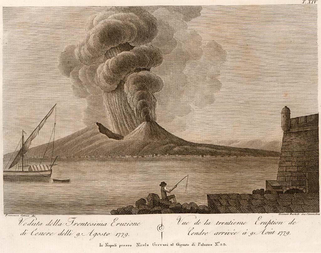 Vesuvius eruption 9th August 1779. Drawn by Francesco Catozzo and engraved by Gennaro Bartolo 1804.
See Della Torre, Nicola Filomarino, 1805. Raccolta di tutte le vedute che esistevano nel gabinetto del Duca Della Torre rappresentanti l'eruzioni del Monte Vesuvio fin oggi accadute. Napoli: Nicola Gervasi, Tav. XIV.
See book on E-RARA
