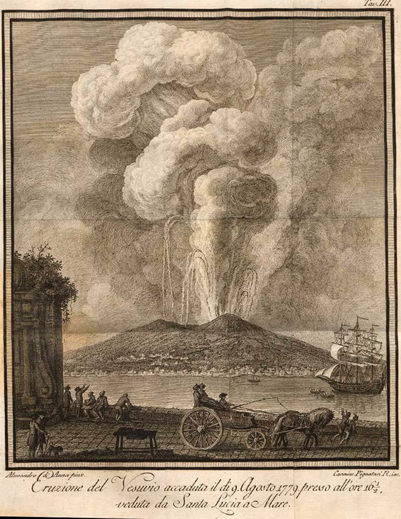 Vesuvius Eruption 1779 The eruption of Mount Vesuvius in the night of 8th August 1779. 
Coloured etching by Pietro Fabris, 1779. 
See original on https://wellcomecollection.org/

