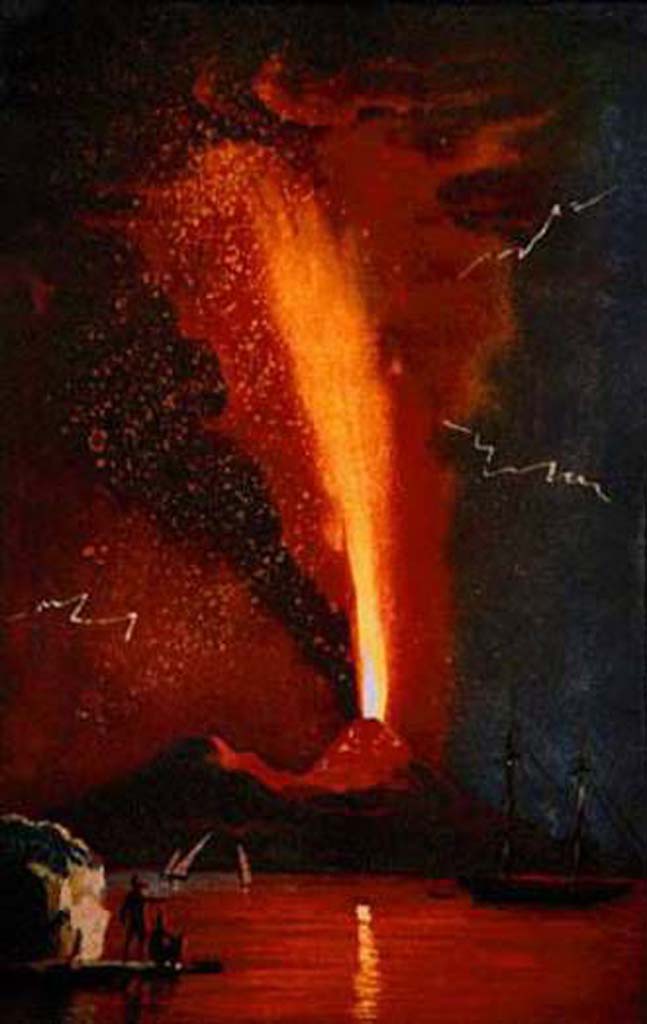 Vesuvius Eruption 1782-90. Eruzione del Vesuvio dal ponte della Maddalena by P. J. Antoine Volaire.
Eruption of Vesuvius from the Bridge of La Maddalena by P. J. Antoine Volaire.
Oil painting on canvas. Now in the Museo di San Martino, Napoli.
