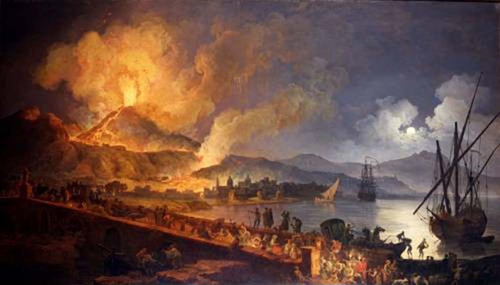 Vesuvius eruption September 1790. Drawn by Oliva d’Anna and engraved by Pietro Parboni.
See Della Torre, Nicola Filomarino, 1805. Raccolta di tutte le vedute che esistevano nel gabinetto del Duca Della Torre rappresentanti l'eruzioni del Monte Vesuvio fin oggi accadute. Napoli: Nicola Gervasi, Tav. XV.
See book on E-RARA
