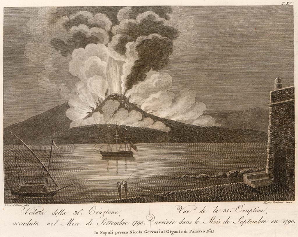 Vesuvius eruption 15 June 1794. Commencement of the eruption drawn “dal vero” by Francesco Catozi and engraved by Gennaro Bartolo 1804.
See Della Torre, Nicola Filomarino, 1805. Raccolta di tutte le vedute che esistevano nel gabinetto del Duca Della Torre rappresentanti l'eruzioni del Monte Vesuvio fin oggi accadute. Napoli: Nicola Gervasi, Tav. XVI.
See book on E-RARA
