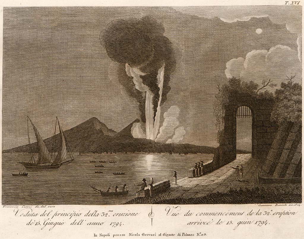 Vesuvius eruption 15 June 1794. View of the Great Eruption drawn by Francesco Catozzi and engraved by Gennaro Bartolo.
See Della Torre, Nicola Filomarino, 1805. Raccolta di tutte le vedute che esistevano nel gabinetto del Duca Della Torre rappresentanti l'eruzioni del Monte Vesuvio fin oggi accadute. Napoli: Nicola Gervasi, Tav. XVII.
See book on E-RARA
