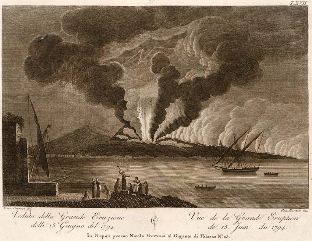Vesuvius eruption 15 June 1794. View of the Great Eruption drawn by Francesco Catozzi and engraved by Gennaro Bartolo.
See Della Torre, Nicola Filomarino, 1805. Raccolta di tutte le vedute che esistevano nel gabinetto del Duca Della Torre rappresentanti l'eruzioni del Monte Vesuvio fin oggi accadute. Napoli: Nicola Gervasi, Tav. XVII.
See book on E-RARA
