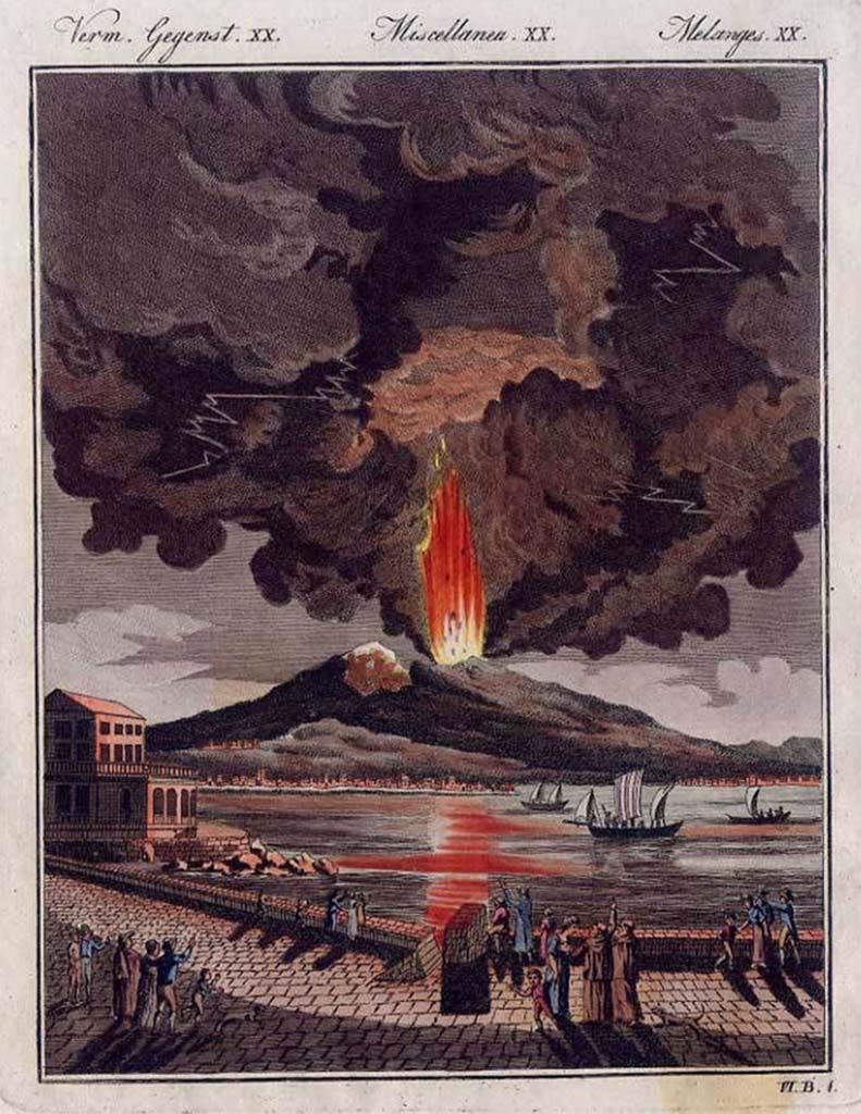 Vesuvius eruption 15 June 1794. View of Torre del Greco destroyed in the eruption drawn by Francesco Catozzi and engraved by Gennaro Bartoli.
See Della Torre, Nicola Filomarino, 1805. Raccolta di tutte le vedute che esistevano nel gabinetto del Duca Della Torre rappresentanti l'eruzioni del Monte Vesuvio fin oggi accadute. Napoli: Nicola Gervasi, Tav. XVIII.
See book on E-RARA
