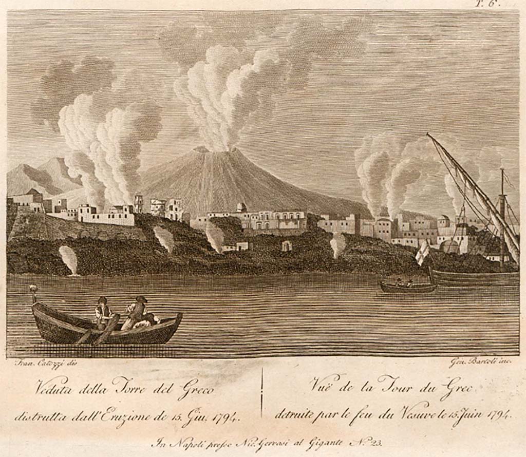 Vesuvius eruption 1794. Torre del Greco in gran parte sepolta dalle lave. 1880 drawing by Luigi Palmieri.
See Palmieri L., 1880. Il Vesuvio e la sua storia. Milano: Tipografia Faverio, fig. 9.
See book on E-RARA
