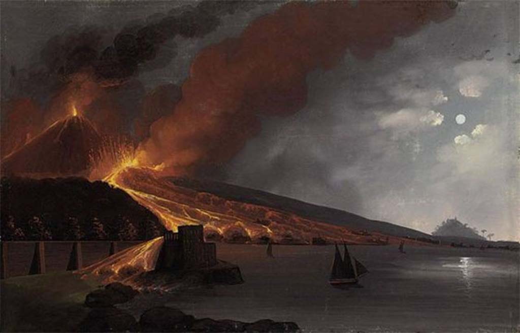 Vesuvius eruption 19 June 1794. Ash eruption drawn by Francesco Catozzi and engraved by Gennaro Bartoli.
See Della Torre, Nicola Filomarino, 1805. Raccolta di tutte le vedute che esistevano nel gabinetto del Duca Della Torre rappresentanti l'eruzioni del Monte Vesuvio fin oggi accadute. Napoli: Nicola Gervasi, Tav. XIX.
See book on E-RARA
