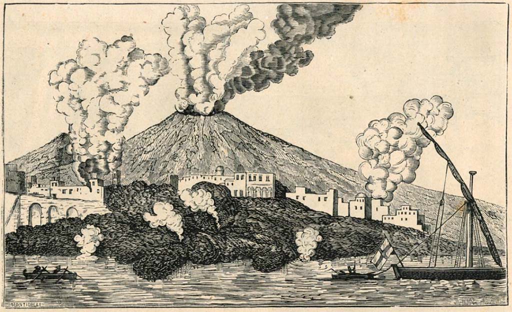 Vesuvius eruption 1794. Torre del Greco in gran parte sepolta dalle lave. 1880 drawing by Luigi Palmieri.
See Palmieri L., 1880. Il Vesuvio e la sua storia. Milano: Tipografia Faverio, fig. 9.
See book on E-RARA
