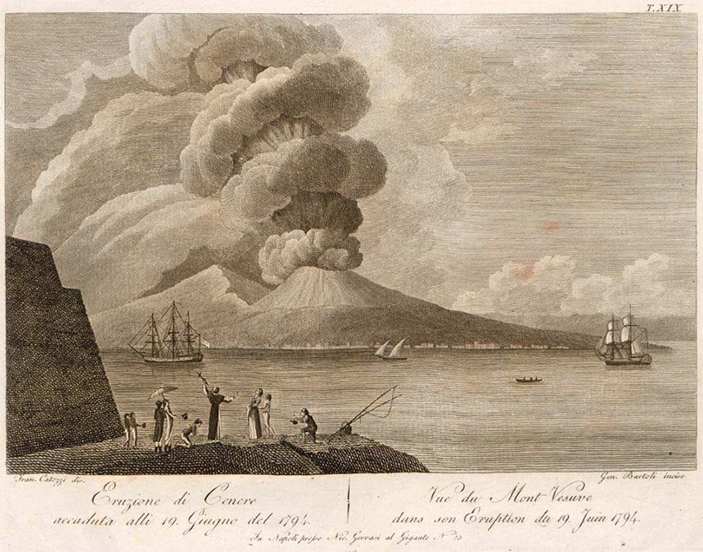 Vesuvius 1799. Old engraving showing the entry of the French into Naples below a smoking Vesuvius.