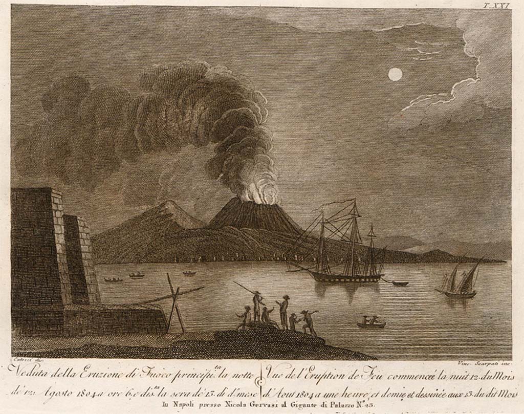 Vesuvius eruption 11 September 1804. “View of the eruption of smoke and ash drawn on 11th September 1804”.
Drawn by Alessandro D’Anni and engraved by Gennaro Bartoli.
See Della Torre, Nicola Filomarino, 1805. Raccolta di tutte le vedute che esistevano nel gabinetto del Duca Della Torre rappresentanti l'eruzioni del Monte Vesuvio fin oggi accadute. Napoli: Nicola Gervasi, Tav. XXIII.
See book on E-RARA
