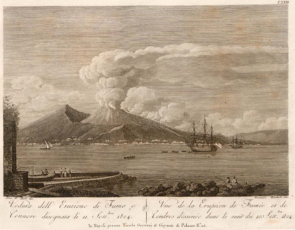 Vesuvius eruption 12 August 1805. View of the eruption of the 12th August 1805 drawn by Odoardo Fischietti on 19 August 1805 and engraved by Gennaro Bartoli.
See Della Torre, Nicola Filomarino, 1805. Raccolta di tutte le vedute che esistevano nel gabinetto del Duca Della Torre rappresentanti l'eruzioni del Monte Vesuvio fin oggi accadute. Napoli: Nicola Gervasi, Tav. XXV.
See book on E-RARA
