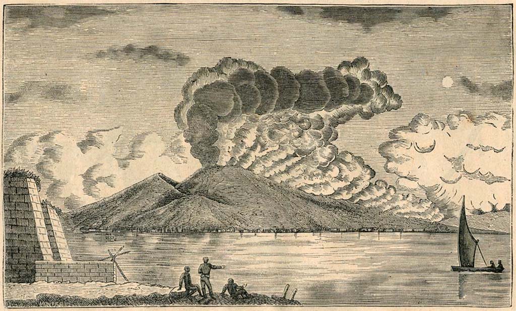 Vesuvius eruption 1805. “Idea dello spettacolo che presentava il vulcano in questa occasione”. 1880 drawing by Luigi Palmieri.
See Palmieri L., 1880. Il Vesuvio e la sua storia. Milano: Tipografia Faverio, fig. 11.
See book on E-RARA
