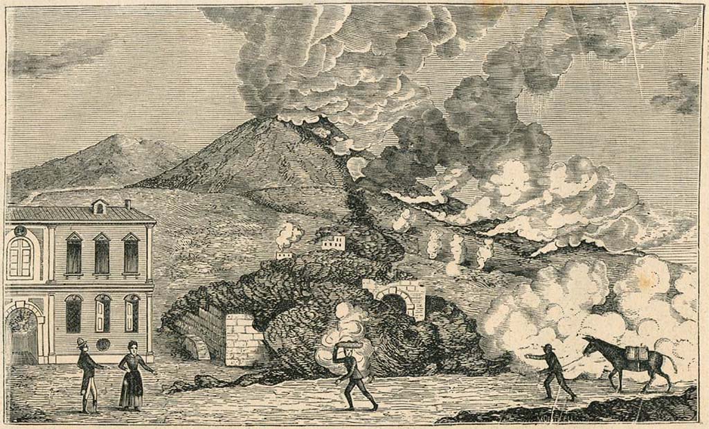 Vesuvius eruption 13 September 1810. Drawn by C di Vito engraved by P Toro.
See Della Torre, Nicola Filomarino, 1805. Raccolta di tutte le vedute che esistevano nel gabinetto del Duca Della Torre rappresentanti l'eruzioni del Monte Vesuvio fin oggi accadute. Napoli: Nicola Gervasi, Tav. XXVI.
See book on E-RARA
