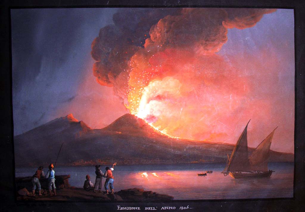 Vesuvius eruption 1810. “Altre fasi ed altre lave si ebbero nel 1806 e pare che l ’attività eruttiva proseguisse fino al 1810, secondo la testimonianza del Zorda e dell ’ Auldjo”. 1880 drawing by Luigi Palmieri.
See Palmieri L., 1880. Il Vesuvio e la sua storia. Milano: Tipografia Faverio, fig. 12.
See book on E-RARA
