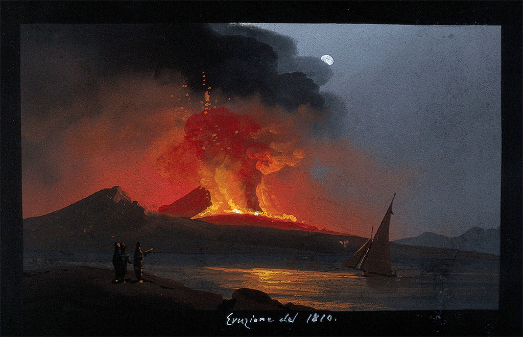 Vesuvius eruption 1 January 1812. Drawn by C di Vito engraved by P Toro.
See Della Torre, Nicola Filomarino, 1805. Raccolta di tutte le vedute che esistevano nel gabinetto del Duca Della Torre rappresentanti l'eruzioni del Monte Vesuvio fin oggi accadute. Napoli: Nicola Gervasi, Tav. XXVII.
See book on E-RARA
