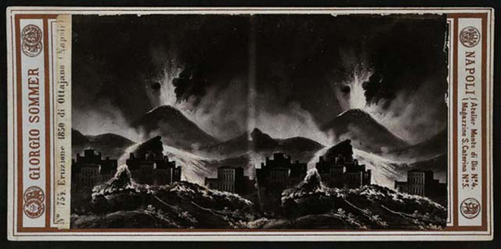 Vesuvius Eruption, 1859. Stereoview by Alphonse Bernoud, depicting the eruption at Vesuvius of 1859. 
Inscribed with title and date in ink.
© Victoria and Albert Museum, London, inventory number E.1465-1992.
