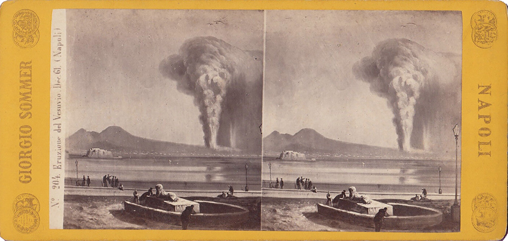 Vesuvius eruption April 26th, 1872. Hand coloured bromide silver on glass slide version by Giorgio Sommer of his photo 2503.
Photo courtesy Wikimedia Commons Sommer_2503_-_Vesuvio_eruzione_1872,_diapositiva
