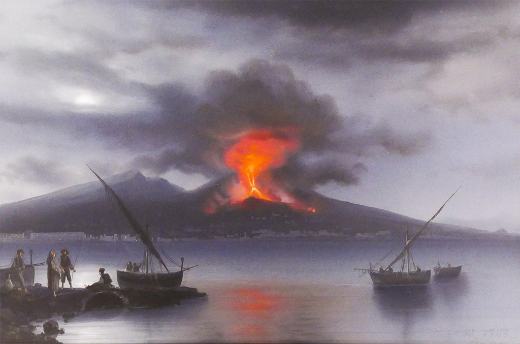 Vesuvius Eruption. Date unknown. Vesuvio in Eruzione. Painting is shown on old postcard c.1900.