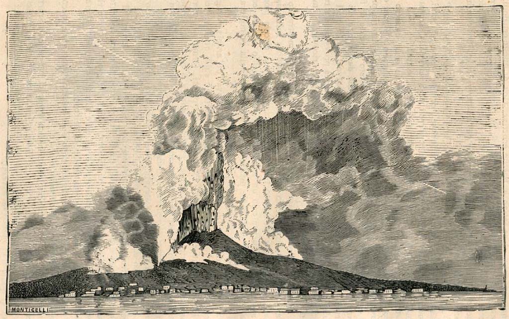 Vesuvius Eruption 1913. Old postcard showing new crater at the bottom of the chasm.