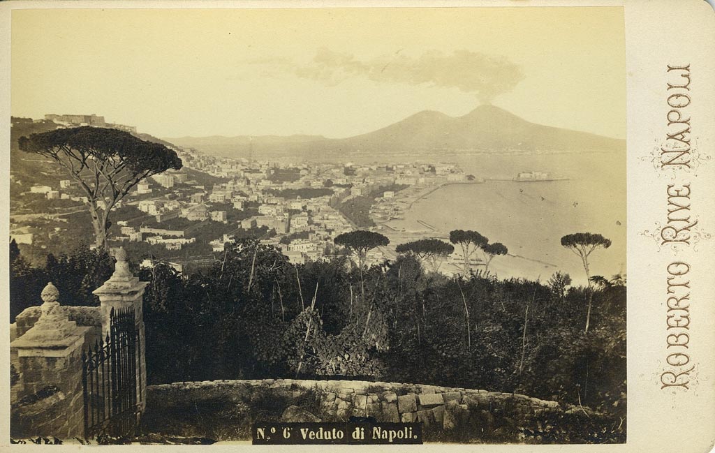 Vesuvius, 1869? Colourised photo looking across Pompeii to Vesuvius. Photo courtesy of Rick Bauer.